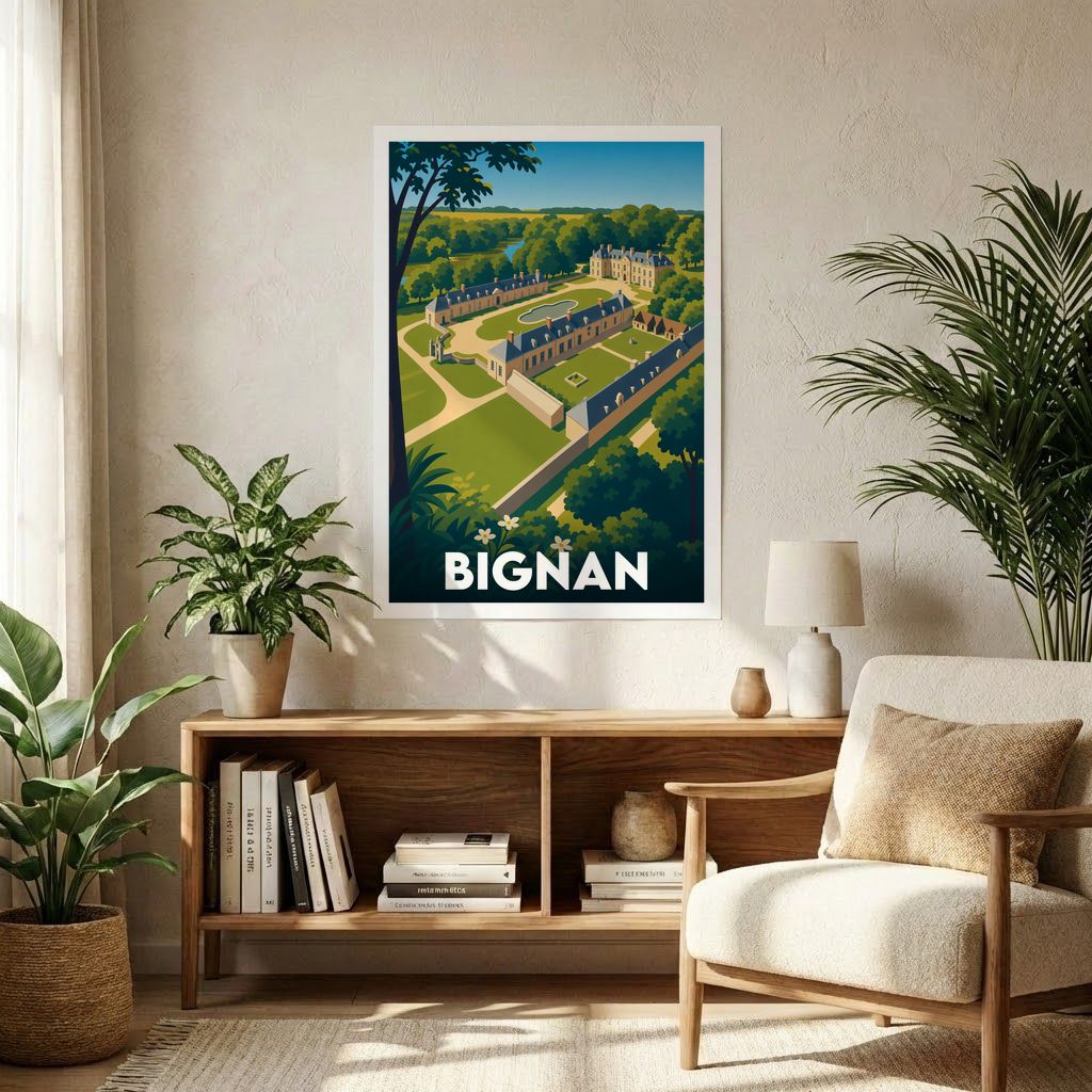 Affiche souvenir de la ville de Bignan avec une illustration stylisée du domaine de Kerguéhennec.