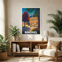 Affiche souvenir de la ville de Bihorel avec une illustration stylisée et colorée de son architecture.