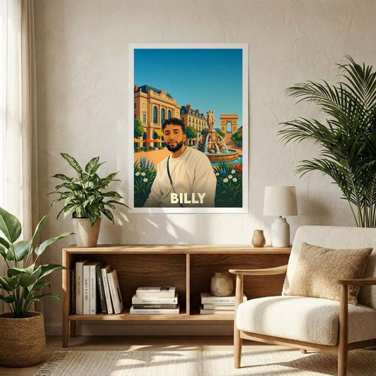 Affiche souvenir de la ville de Billy avec une illustration stylisée d'un homme devant une fontaine et des monuments.