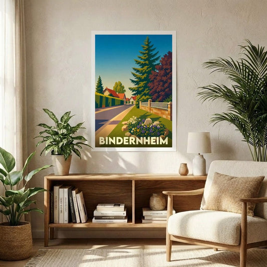 Affiche souvenir de la ville de Bindernheim avec une illustration stylisée d'une rue paisible et verdoyante.
