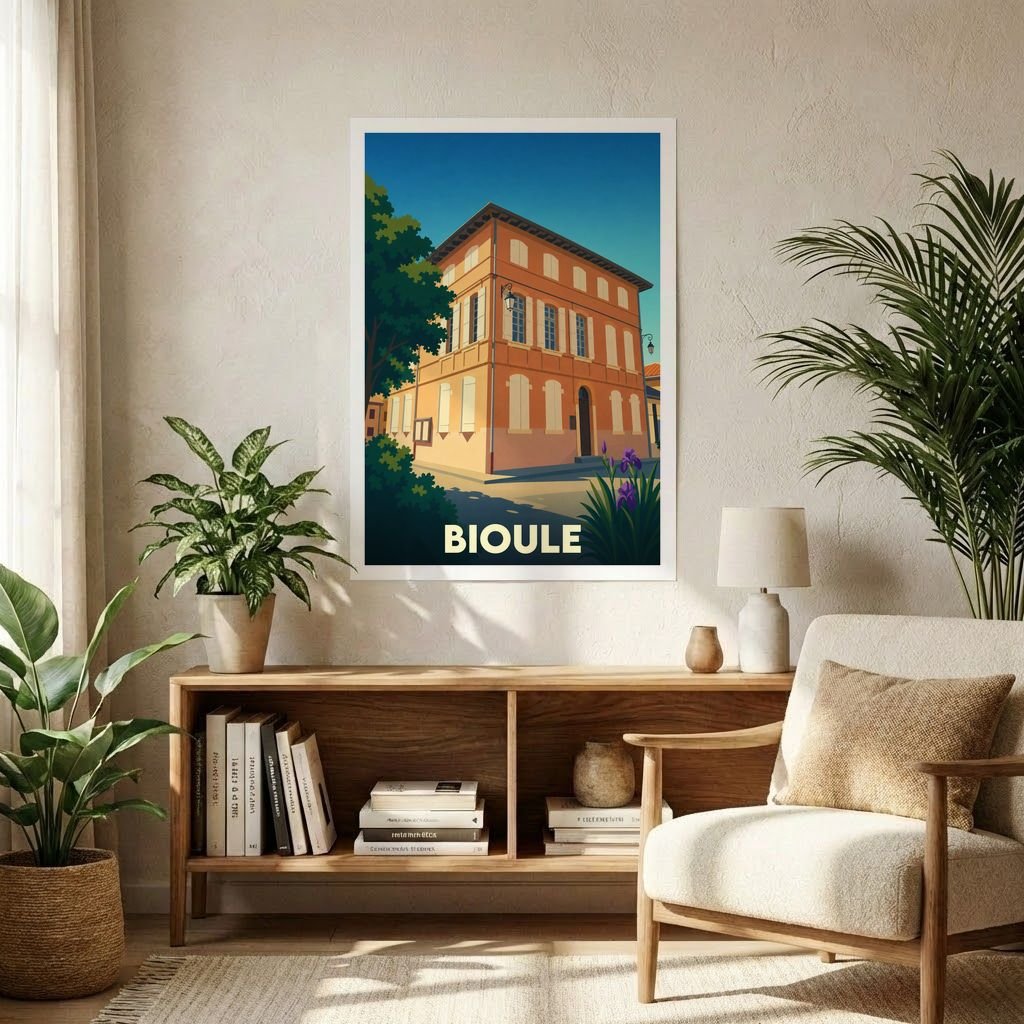 Affiche souvenir de la ville de Bioule avec une illustration stylisée d'un bâtiment historique sous un ciel bleu.