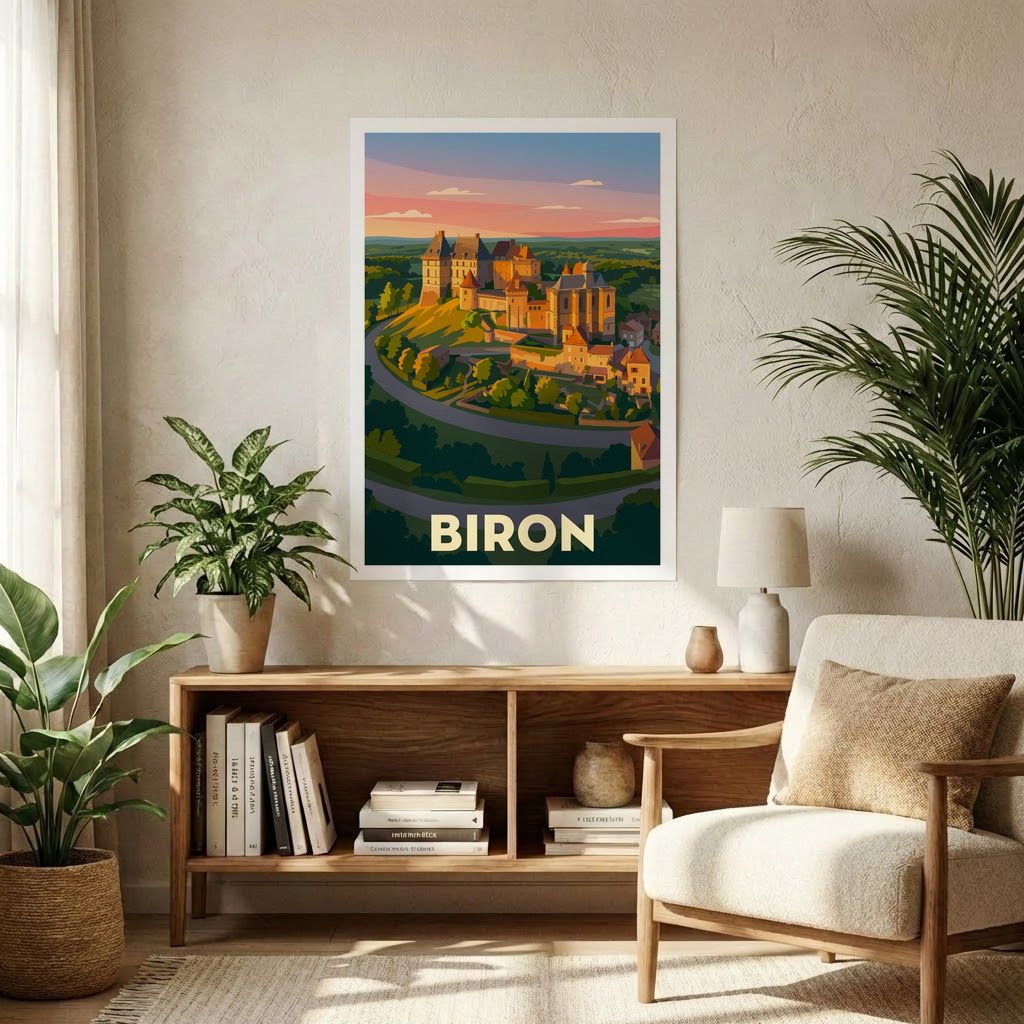 Affiche souvenir de la ville de Biron présentant une illustration stylisée de son château.