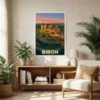Affiche souvenir de la ville de Biron présentant une illustration stylisée de son château.
