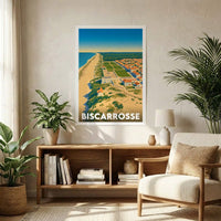 Affiche souvenir de la ville de Biscarrosse avec une illustration stylisée de son littoral.