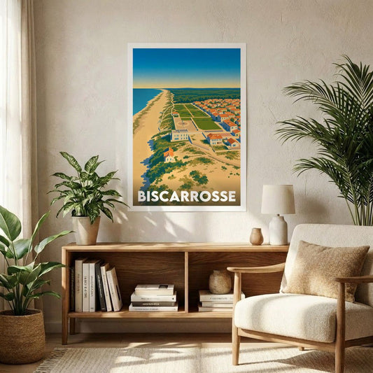Affiche souvenir de la ville de Biscarrosse avec une illustration stylisée de son littoral.