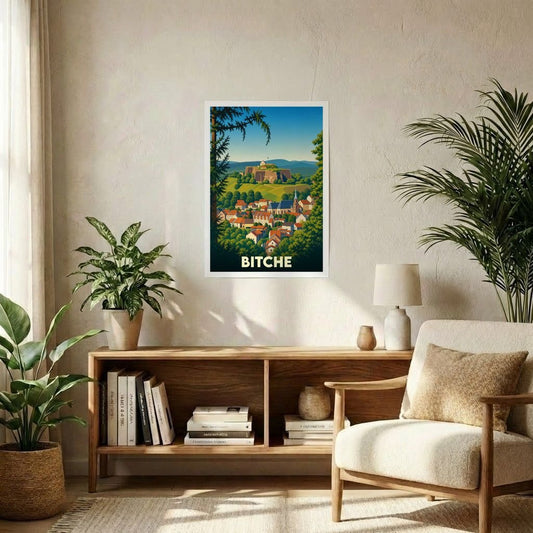 Affiche souvenir de la ville de Bitche avec une illustration stylisée de sa citadelle surplombant le village.
