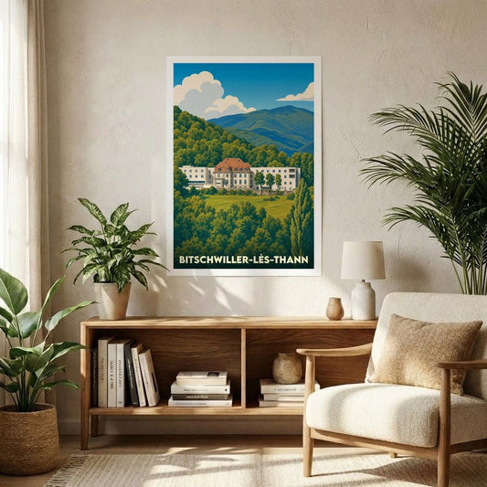 Affiche souvenir de la ville de Bitschwiller-lès-Thann avec une illustration paysagère stylisée.