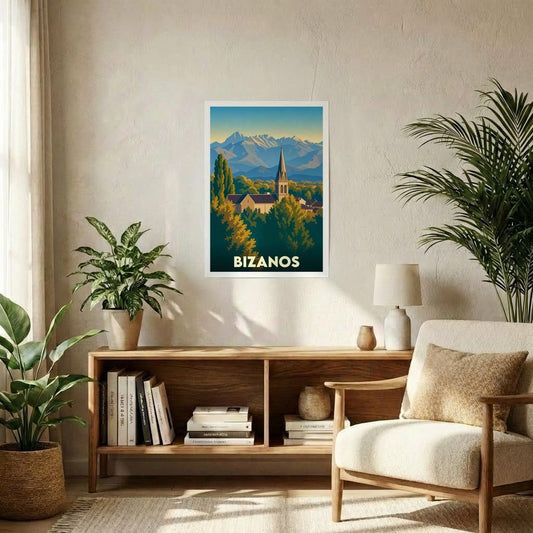 Affiche souvenir de la ville de Bizanos avec une illustration stylisée.