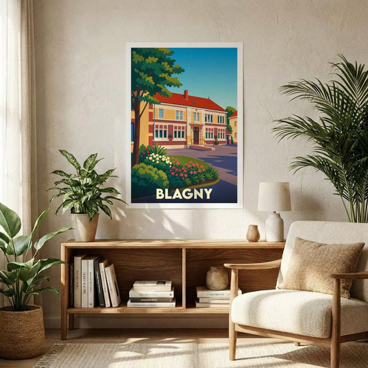 Affiche souvenir de la ville de Blagny avec une illustration stylisée d'un bâtiment emblématique.