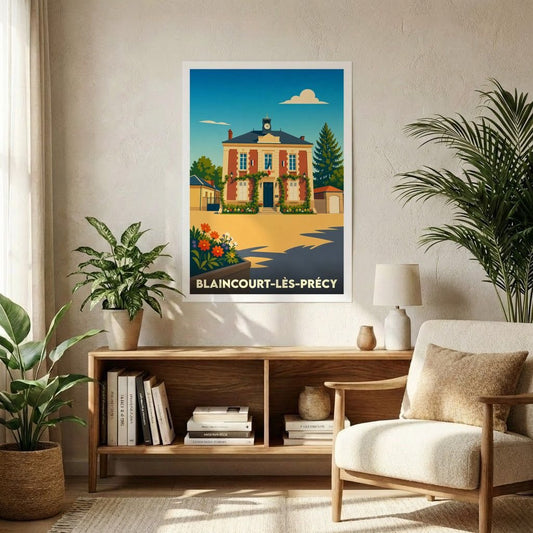 Affiche souvenir de la ville de Blaincourt-lès-Précy avec une illustration stylisée de sa mairie.