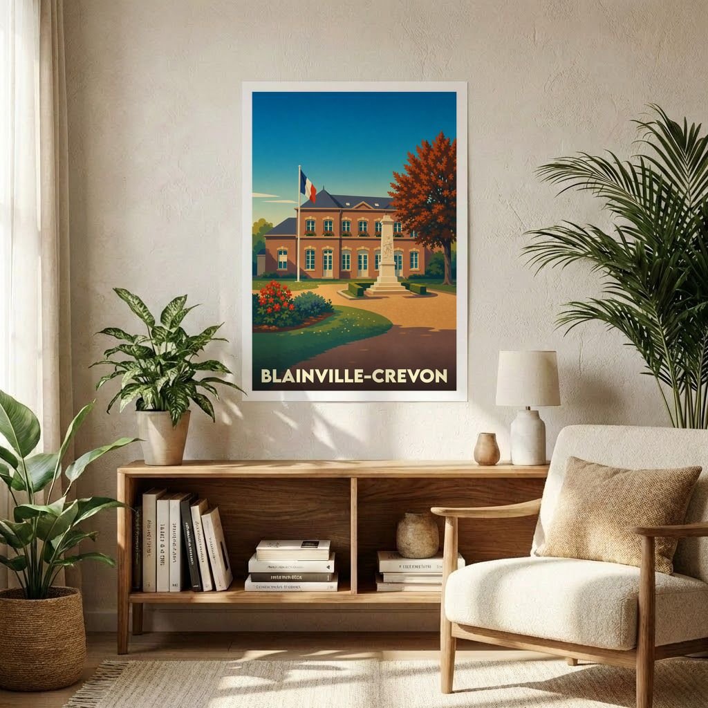 Affiche souvenir de la ville de Blainville-Crevon avec une illustration stylisée.