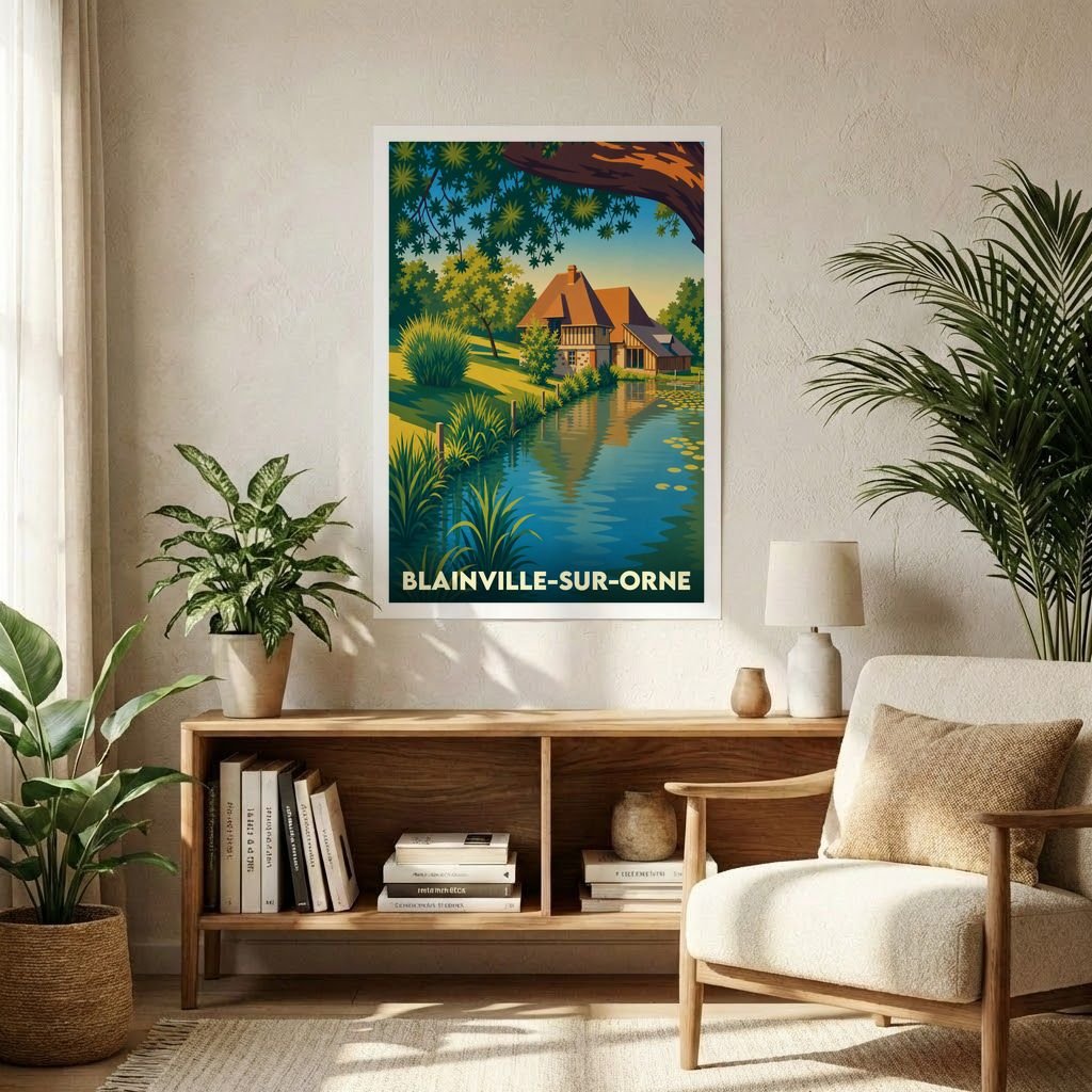 Affiche souvenir de la ville de Blainville-sur-Orne avec une illustration stylisée d'une maison au bord de l'eau.