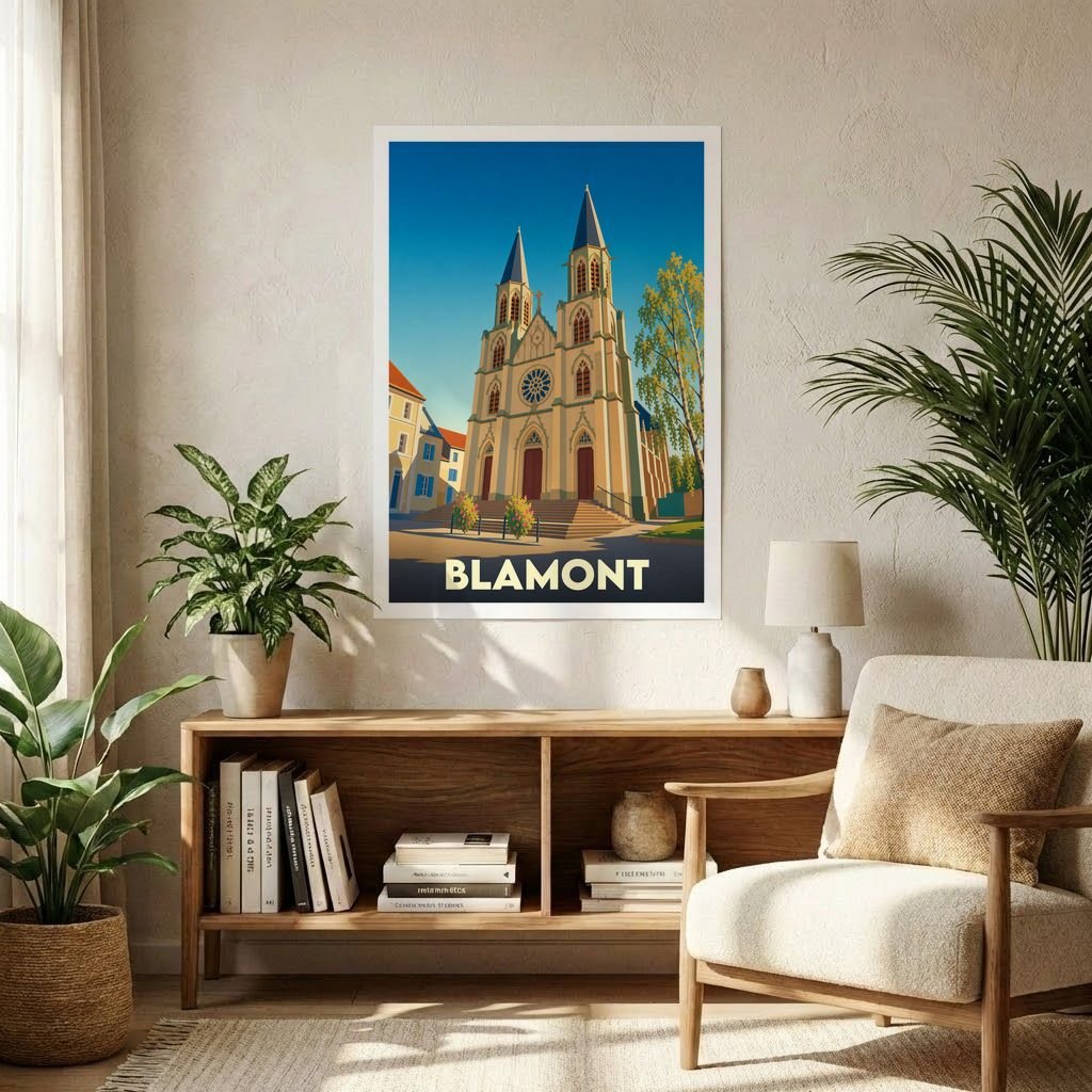 Affiche souvenir de la ville de Blamont représentant son église dans un style graphique rétro.