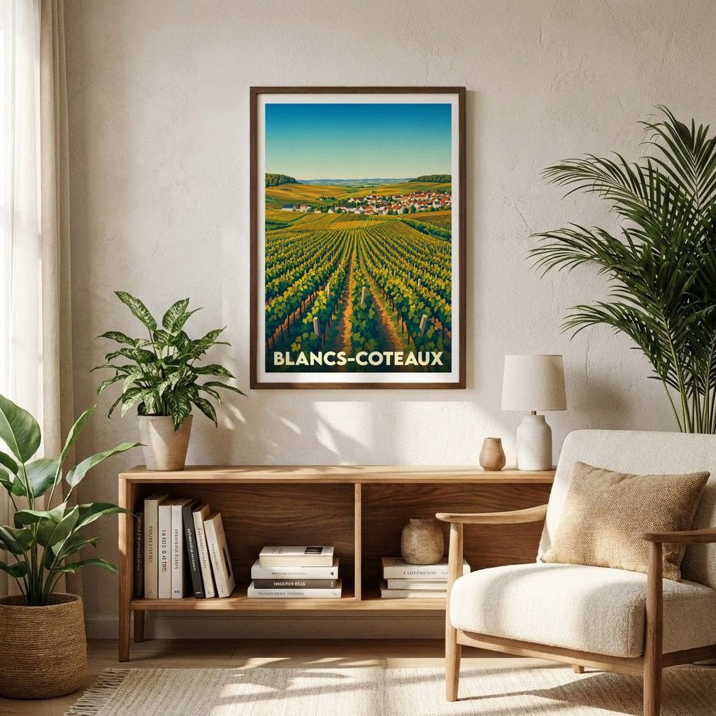 Affiche souvenir de la ville de Blancs-Coteaux illustrant un paysage de vignobles au style rétro.