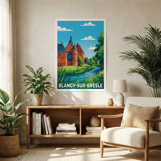 Affiche souvenir de la ville de Blangy-sur-Bresle avec une illustration stylisée.