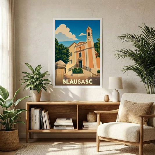 Affiche souvenir de la ville de Blausasc présentant une illustration stylisée de son église sous un ciel azur.