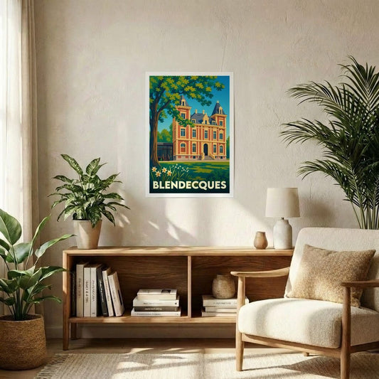 Affiche souvenir de la ville de Blendecques avec une illustration stylisée d'un château.