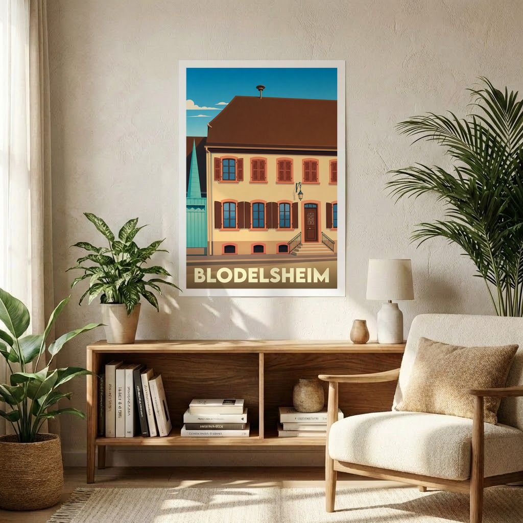 Affiche souvenir de la ville de Blodelsheim avec une illustration stylisée de l'architecture locale.