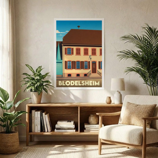 Affiche souvenir de la ville de Blodelsheim avec une illustration stylisée de l'architecture locale.