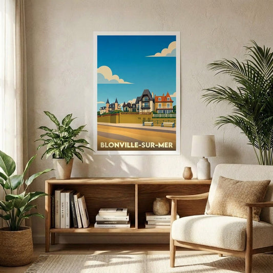 Affiche souvenir de la ville de Blonville-sur-Mer avec une illustration stylisée du front de mer.