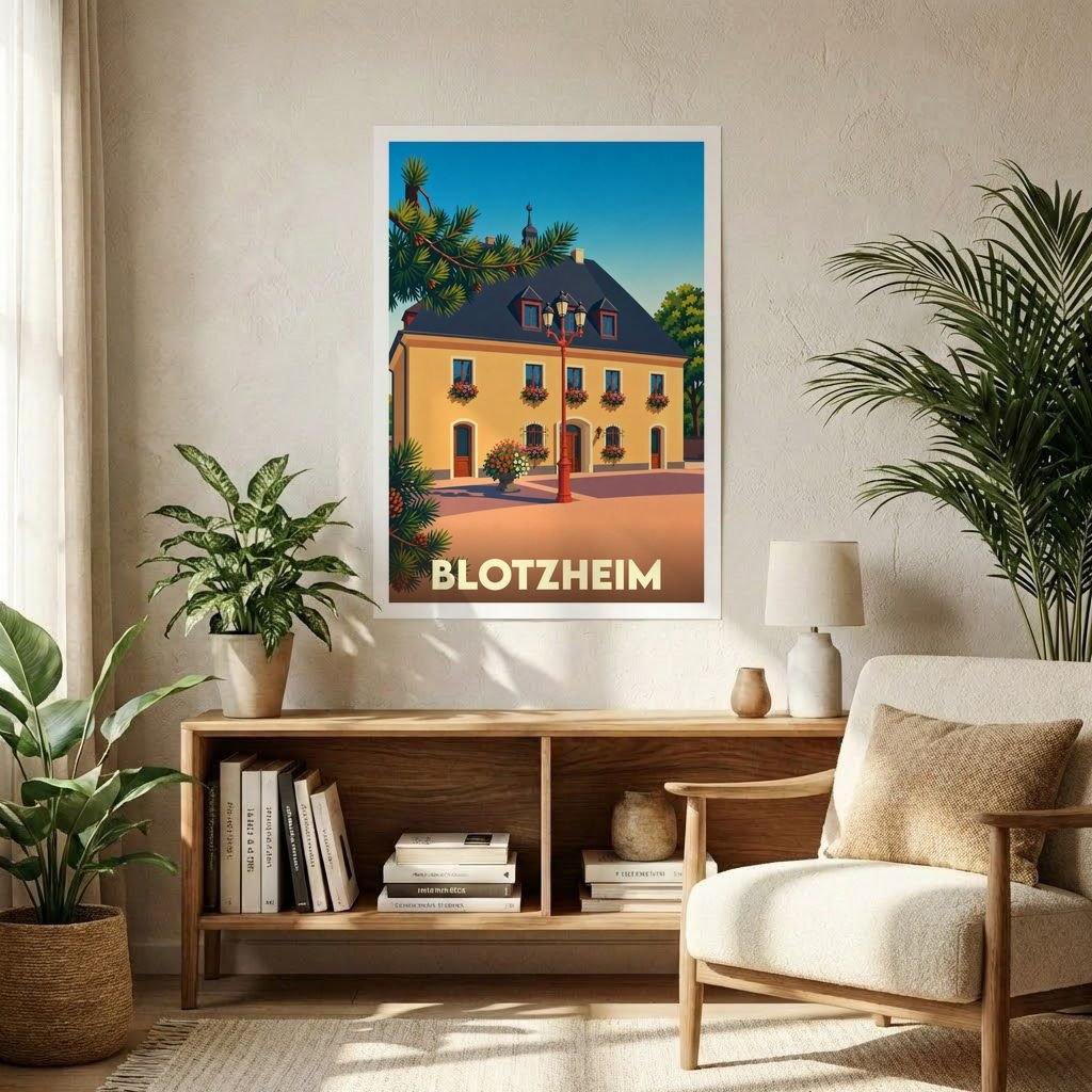 Affiche souvenir de la ville de Blotzheim illustrant un bâtiment traditionnel dans un style vintage coloré.