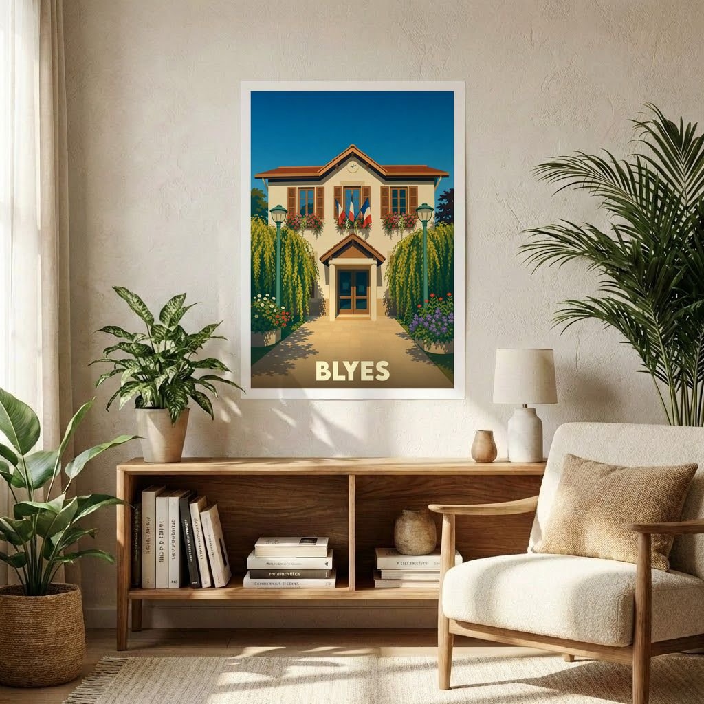 Affiche souvenir de la ville de Blyes présentant une illustration stylisée de sa mairie sous un ciel bleu azur.