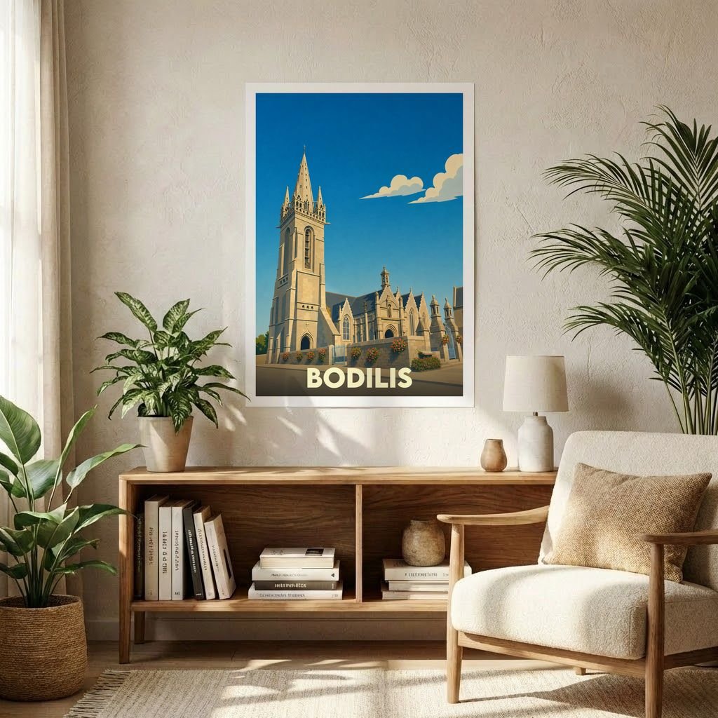 Affiche souvenir de la ville de Bodilis représentant son église dans un style graphique épuré.