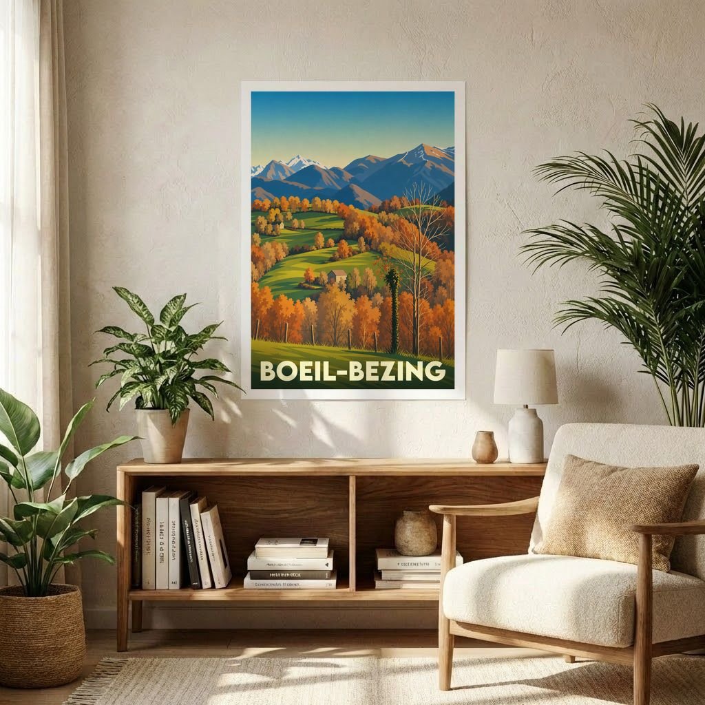 Affiche souvenir de la ville de Boeil-Bezing avec une illustration stylisée de paysages montagneux en automne.