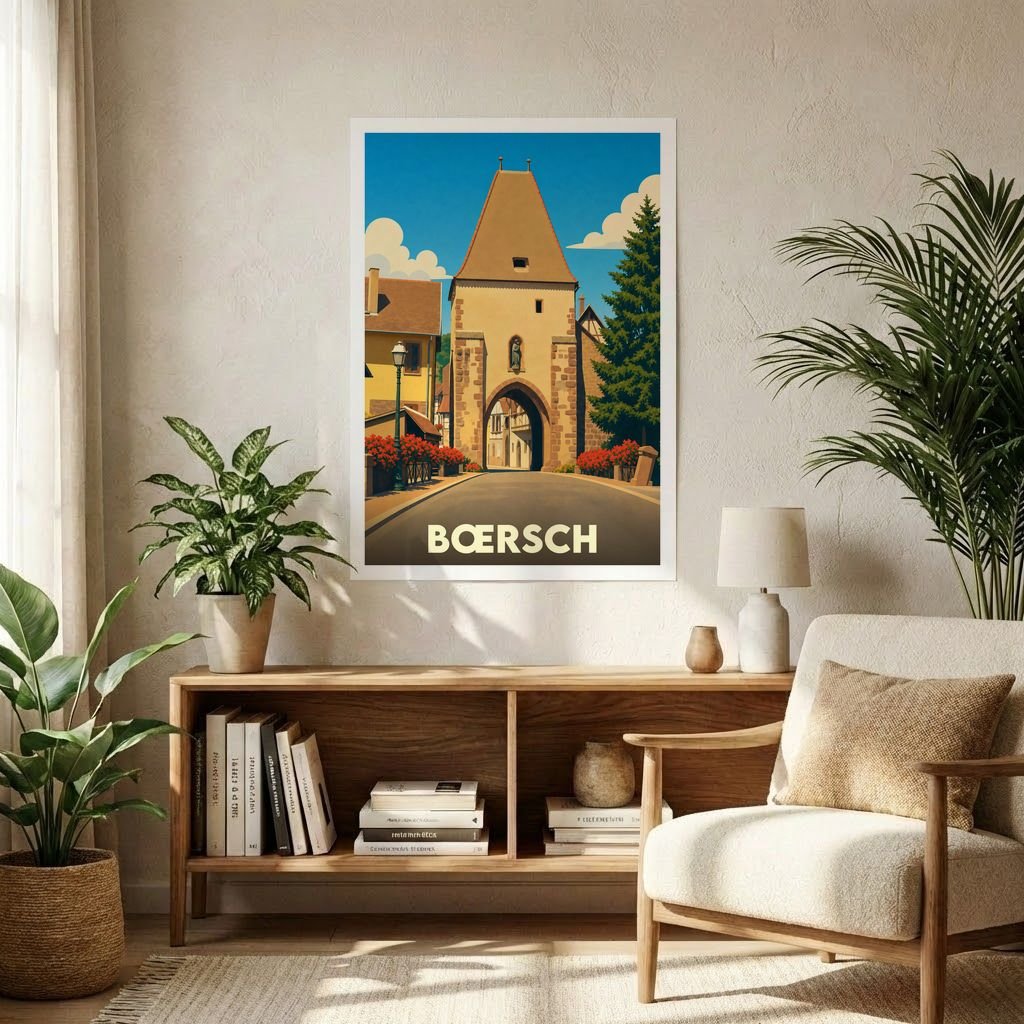 Affiche souvenir de la ville de Bœrsch avec une illustration stylisée d'une porte médiévale typique de l'Alsace.