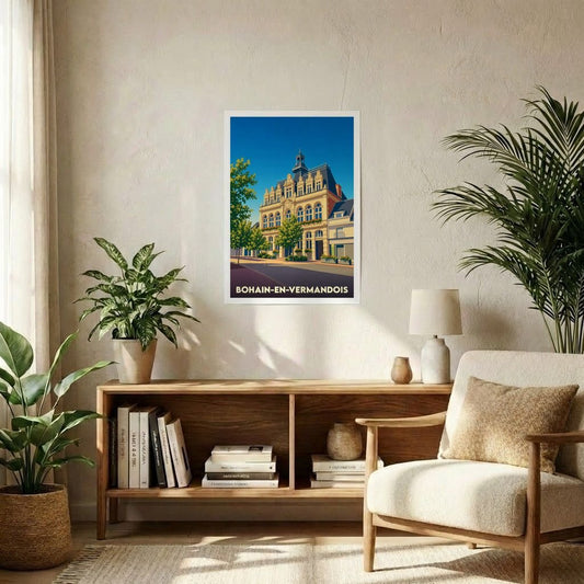 Affiche souvenir de la ville de Bohain-en-Vermandois avec une illustration stylisée de son hôtel de ville.