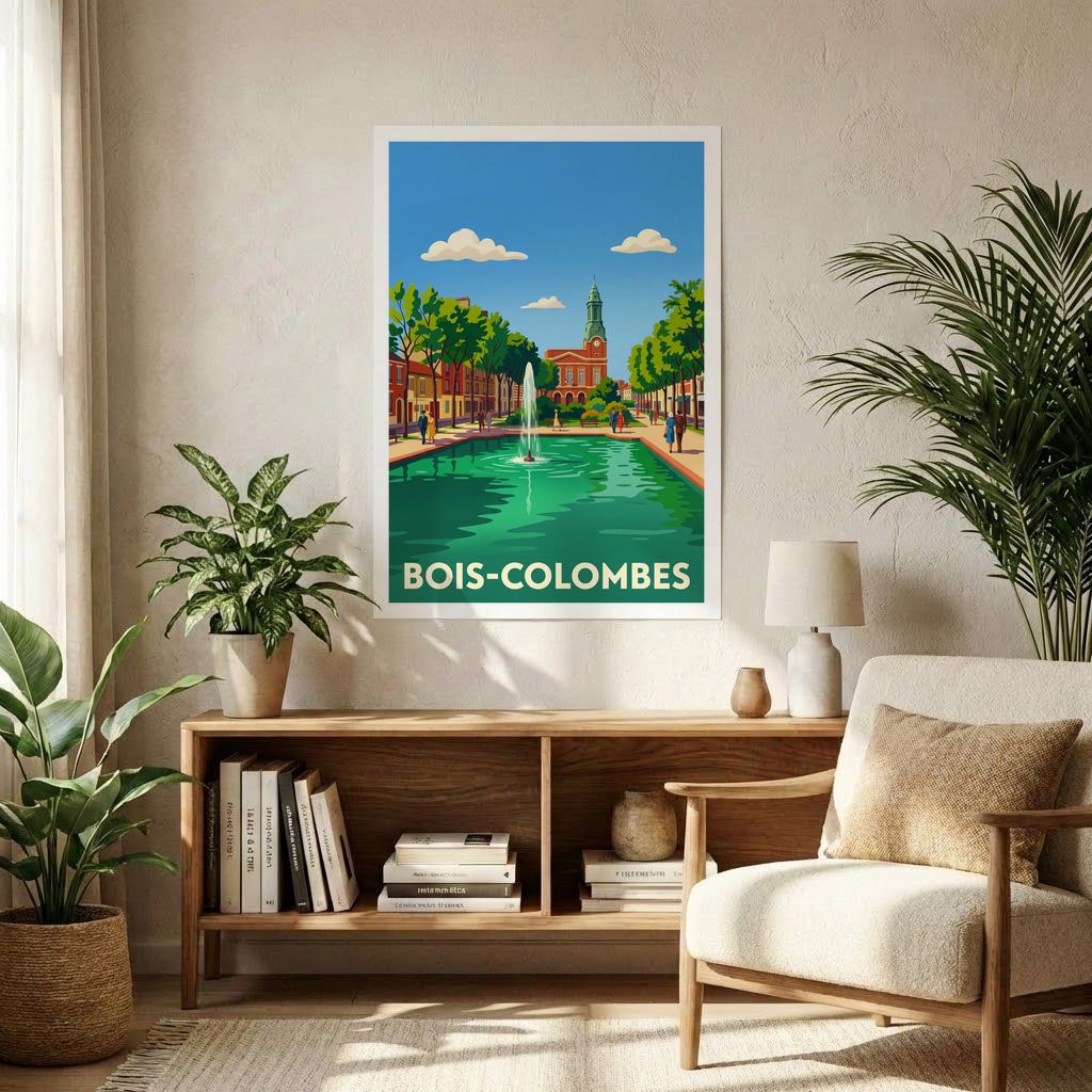 Affiche souvenir de la ville de Bois-Colombes avec une illustration stylisée de son parc et de sa fontaine.