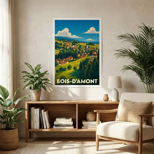 Affiche souvenir de la ville de Bois-d'Amont avec une illustration stylisée d'un paysage de montagne.