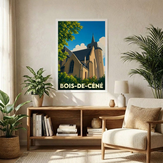Affiche souvenir de la ville de Bois-de-Céné avec une illustration stylisée de son église.