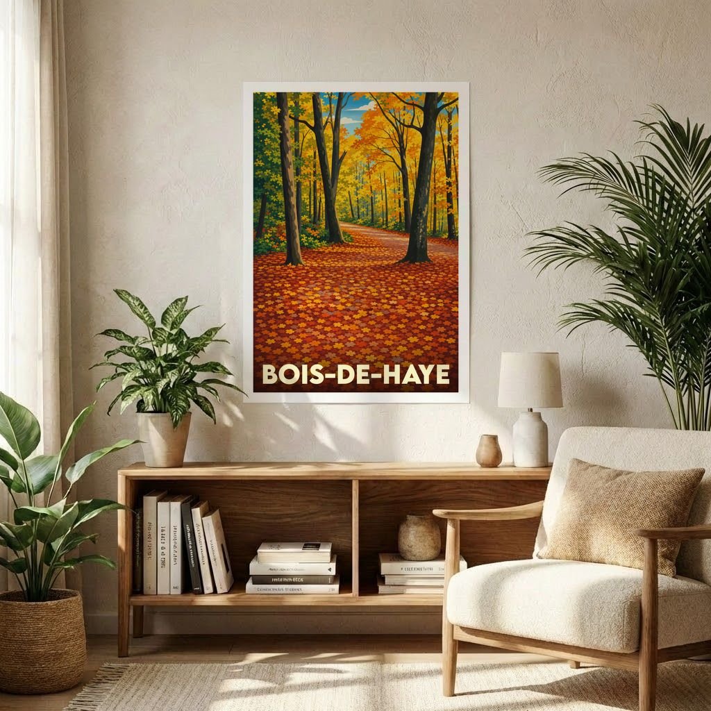 Affiche souvenir de la ville de Bois-de-Haye représentant une forêt en automne dans un style graphique rétro.