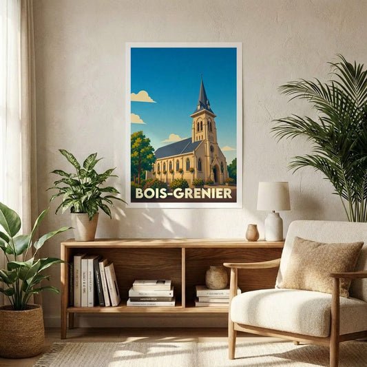 Affiche souvenir de la ville de Bois-Grenier avec une illustration stylisée de son église sous un ciel bleu.