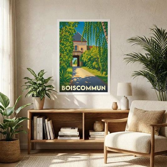 Affiche souvenir de la ville de Boiscommun avec une illustration stylisée et colorée.