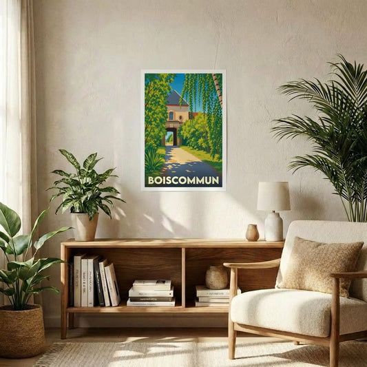 Affiche souvenir de la ville de Boiscommun représentant une illustration stylisée et colorée de son patrimoine arboré.