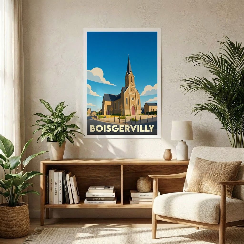 Affiche souvenir de la ville de Boisgervilly représentant son église dans un style graphique épuré.