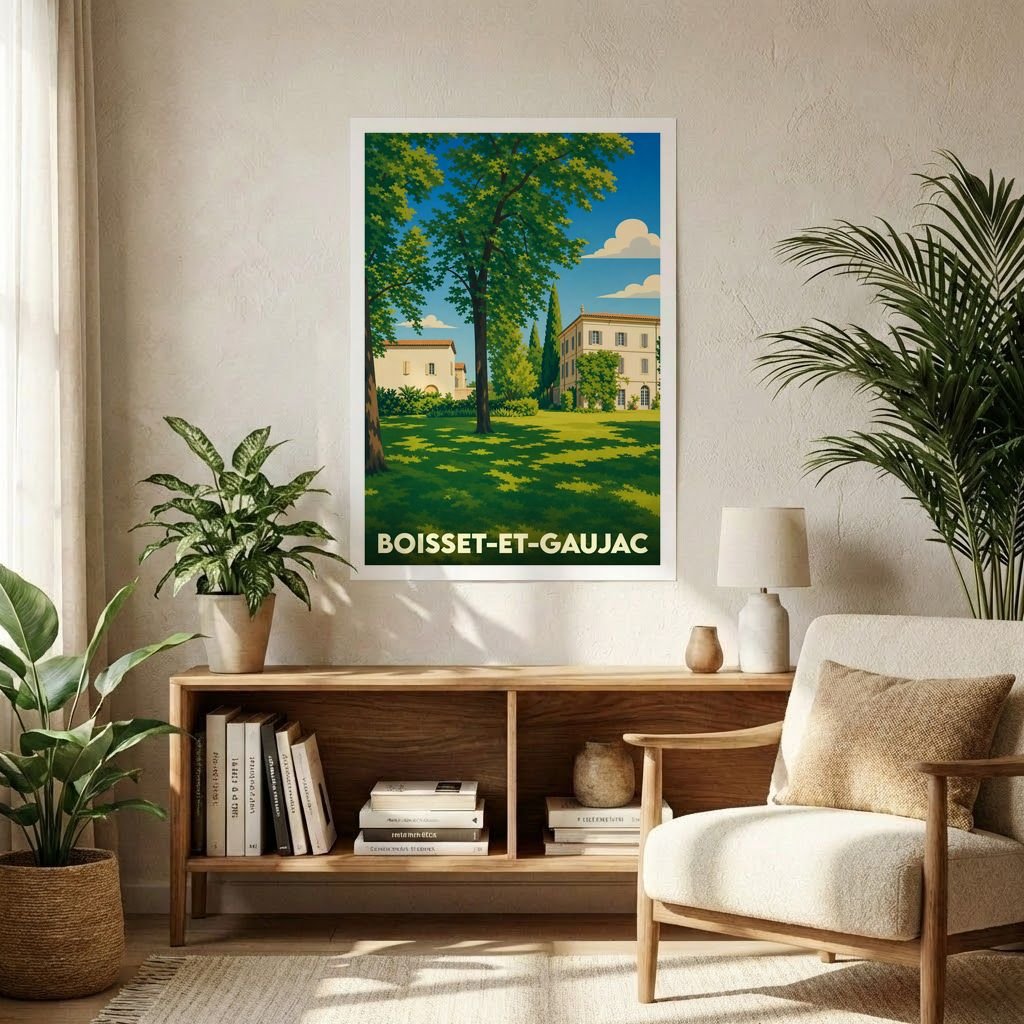 Affiche souvenir de la ville de Boisset-et-Gaujac avec une illustration stylisée d'un paysage ensoleillé.