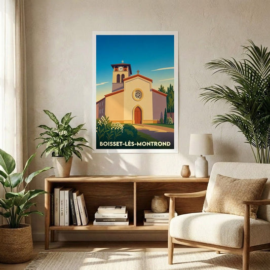 Affiche souvenir de la ville de Boisset-lès-Montrond avec une illustration stylisée de son église sous un ciel azur.