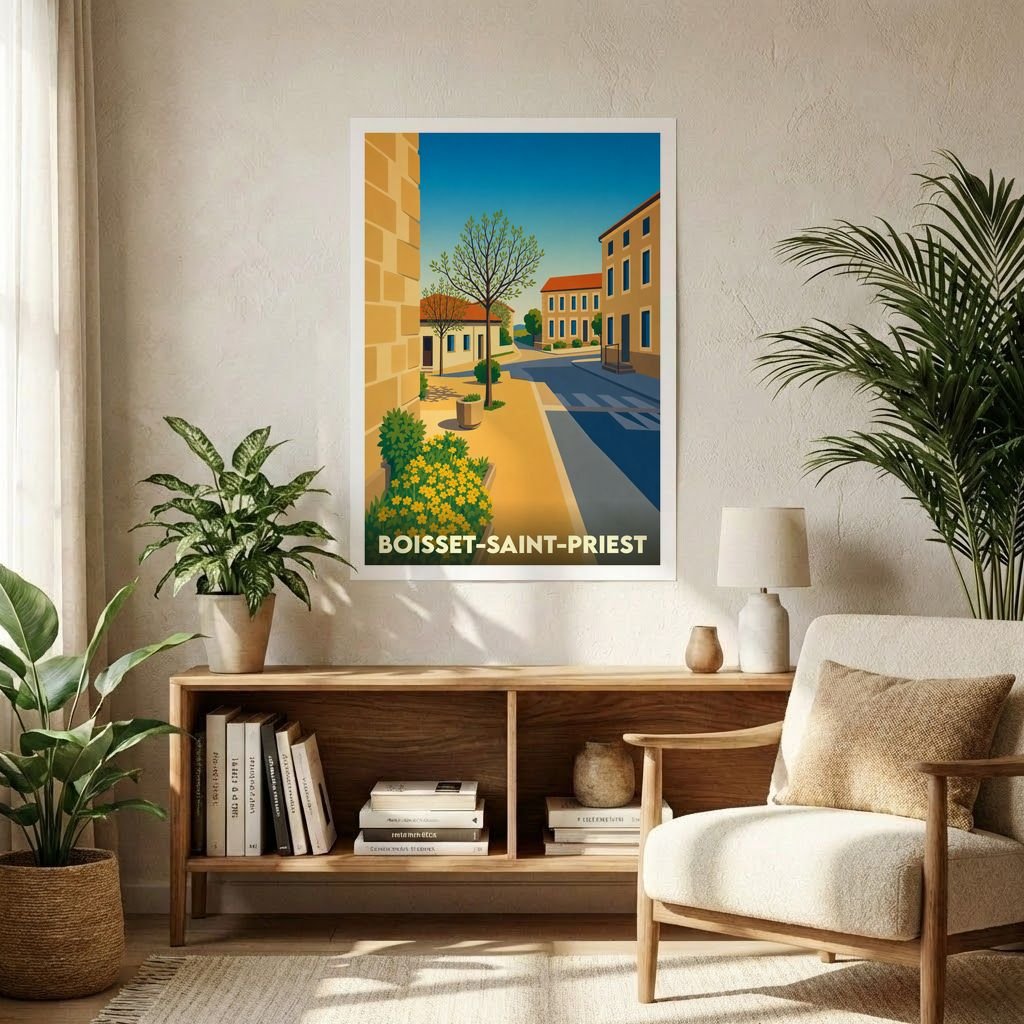 Affiche souvenir de la ville de Boisset-Saint-Priest avec une illustration stylisée.