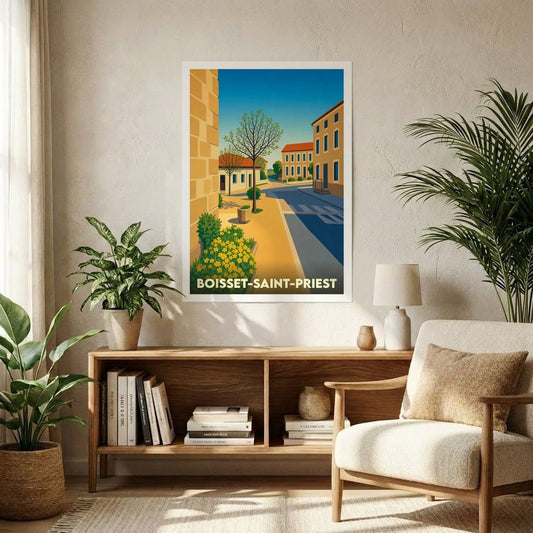 Affiche souvenir de la ville de Boisset-Saint-Priest avec une illustration stylisée.