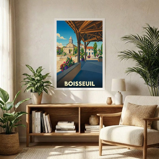 Affiche souvenir de la ville de Boisseuil avec une illustration stylisée et colorée.