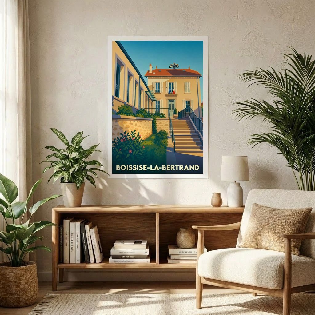 Affiche souvenir de la ville de Boissise-la-Bertrand avec une illustration stylisée et colorée de la mairie.