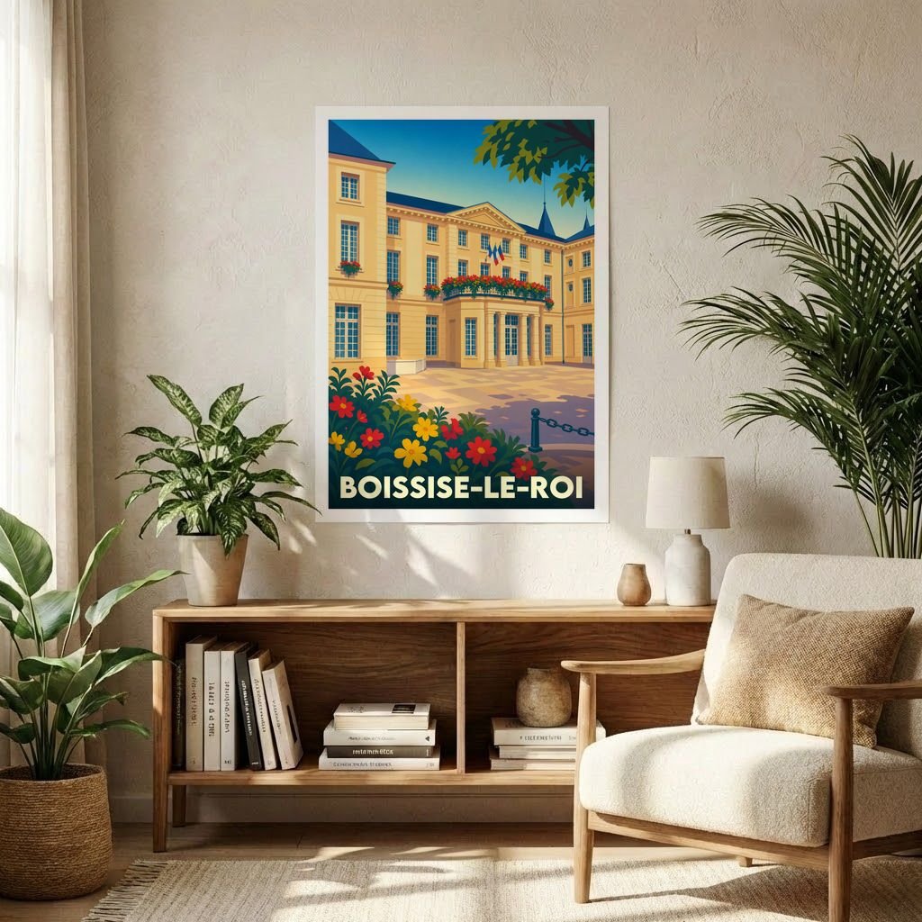 Affiche souvenir de la ville de Boissise-le-Roi avec une illustration stylisée de son hôtel de ville fleuri.