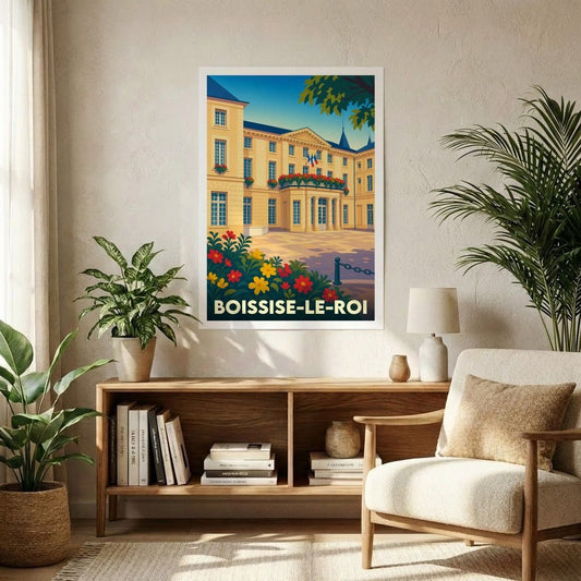 Affiche souvenir de la ville de Boissise-le-Roi avec une illustration stylisée de son hôtel de ville fleuri.
