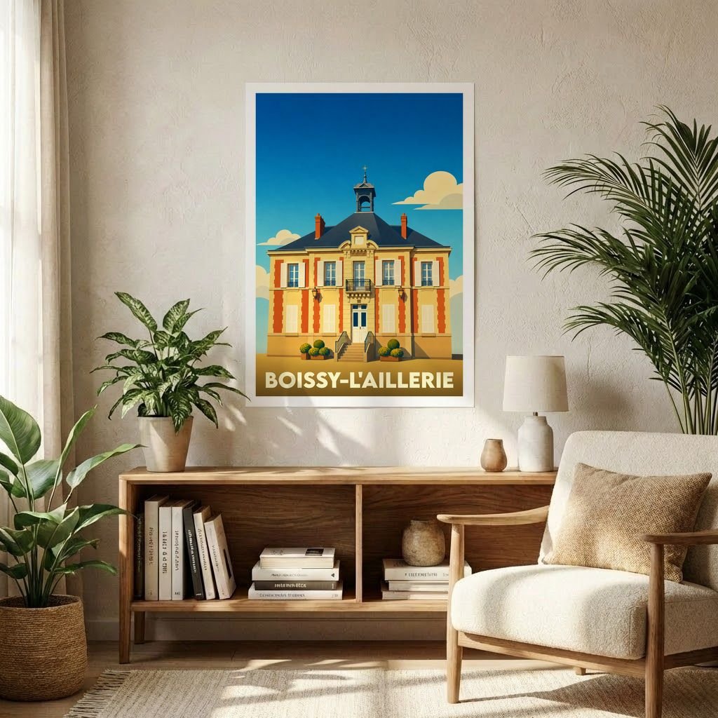 Affiche souvenir de la ville de Boissy-l'Aillerie avec une illustration stylisée de sa mairie.