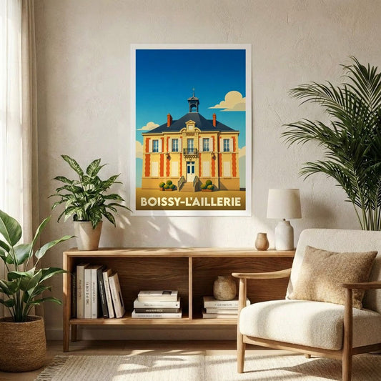 Affiche souvenir de la ville de Boissy-l'Aillerie avec une illustration stylisée de sa mairie.
