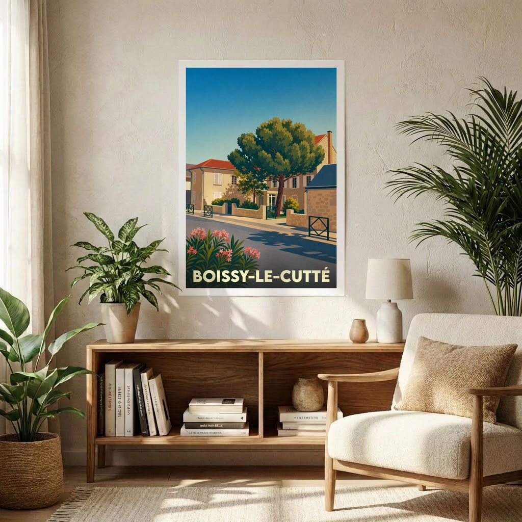 Affiche souvenir de la ville de Boissy-le-Cutté présentant une illustration stylisée et colorée de ses rues.