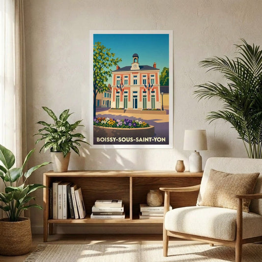 Affiche souvenir de la ville de Boissy-sous-Saint-Yon avec une illustration stylisée de sa mairie.